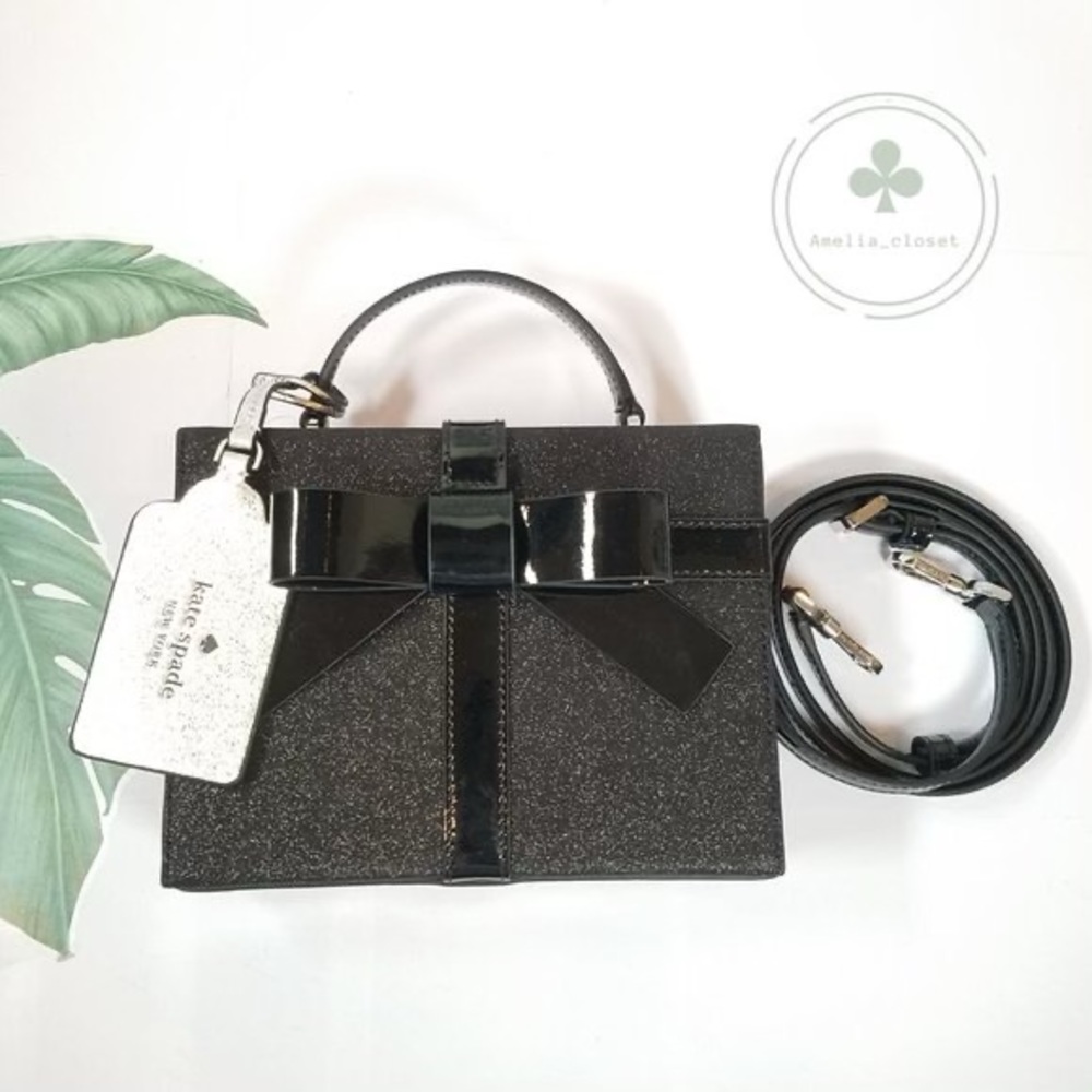 Kate Spade Wrapping Party Gift Box Black Glitter Leather Crossbody Handbag